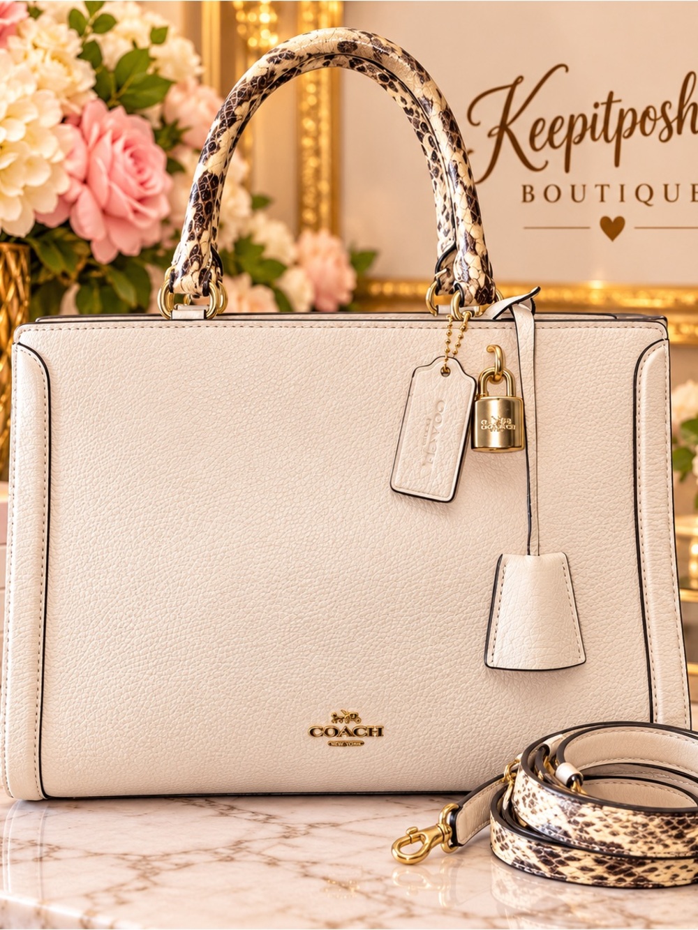 Coach Chalk Pebble Leather Snakeskin-Print Handles and shoulder strap.